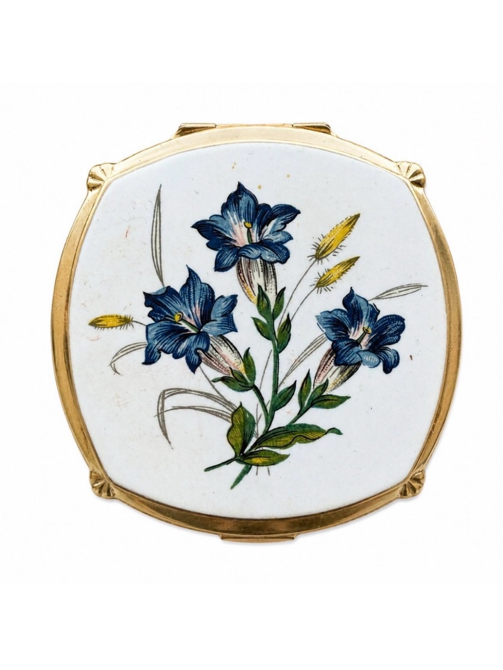 Vintage Stratton England Blue Gentian Floral Enamel Powder Compact Mirror